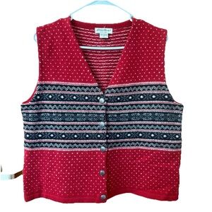 Vintage Eddie Bauer 100% Lambswool Button-Front Knit Vest Festive Sweater Vest M